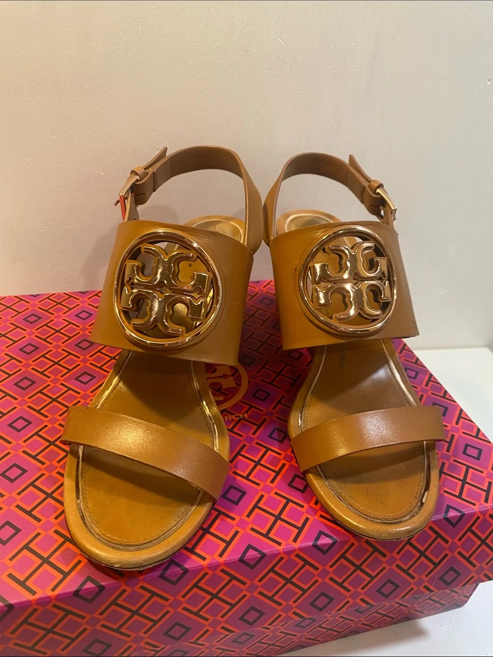 Tory Burch Cognac Leather Logo Sligback Wedge Sandals Sz 7